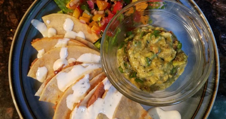 Refried Bean Quesadillas with Tomatillo Guacamole