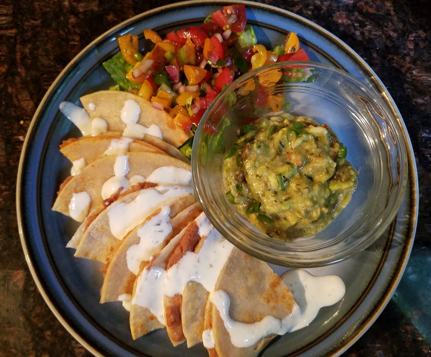 Refried Bean Quesadillas with Tomatillo Guacamole