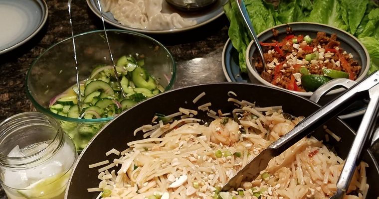 Shrimp Pad Thai, Spicy Seitan Vegetarian Lettuce Wraps, Pot Stickers, Cucumber Salad