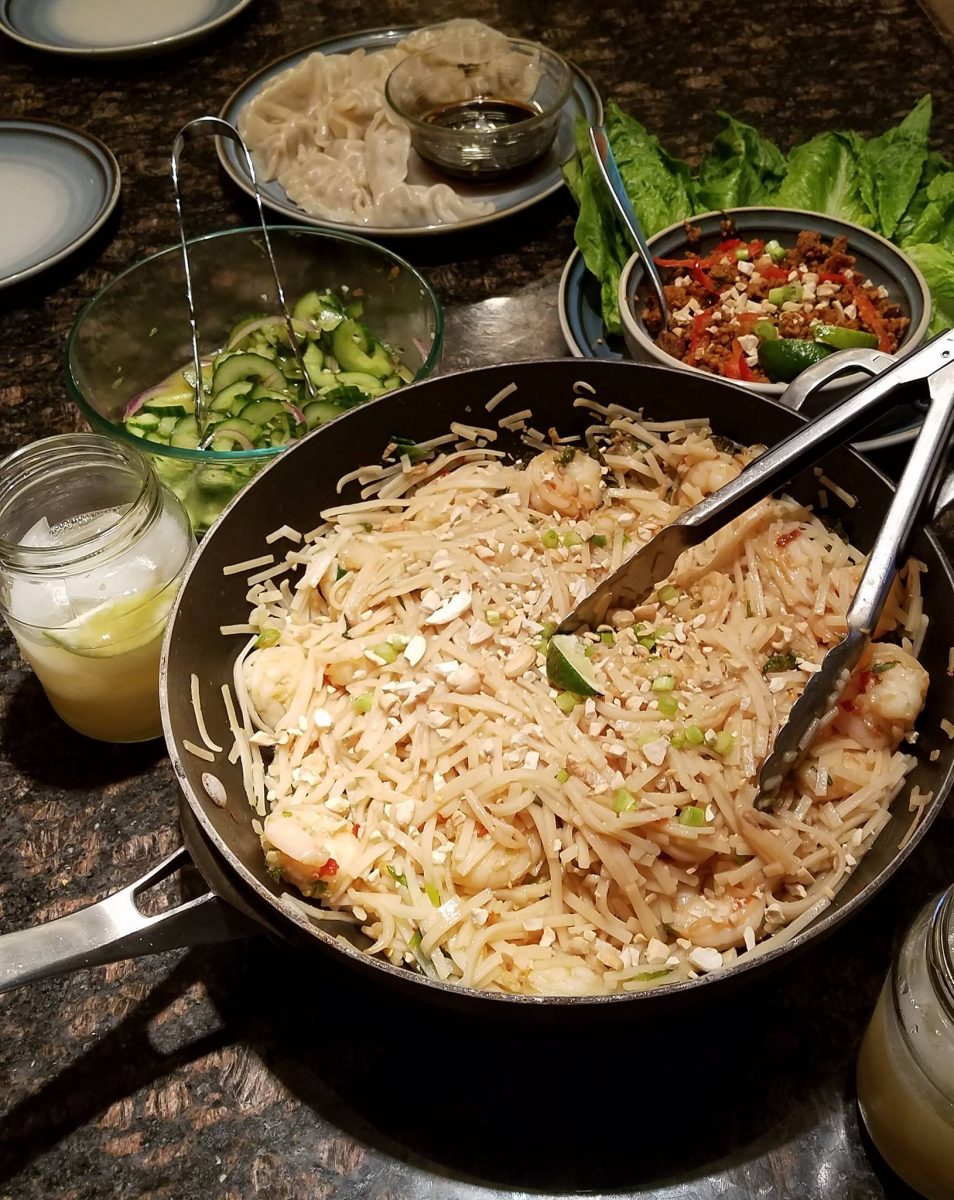 Shrimp Pad Thai, Spicy Seitan Vegetarian Lettuce Wraps, Pot Stickers, Cucumber Salad