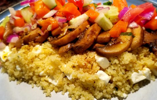 Coriander Sage Mushrooms with Lemon Mint Cucumber Salad over Feta Couscous