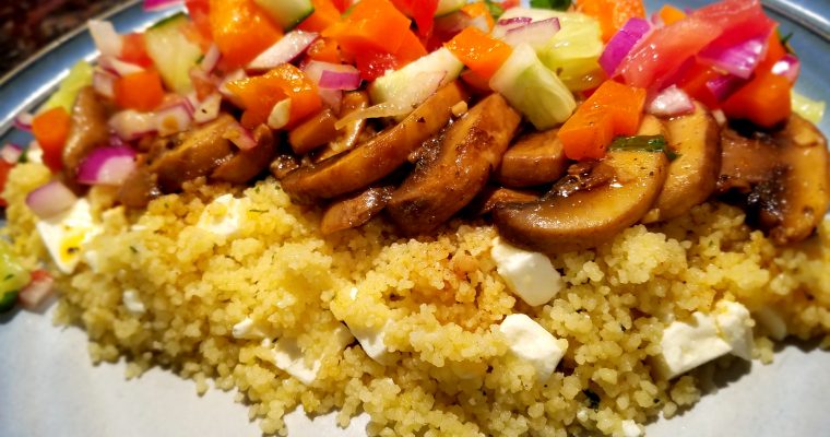 Coriander Sage Mushrooms with Lemon Mint Cucumber Salad over Feta Couscous