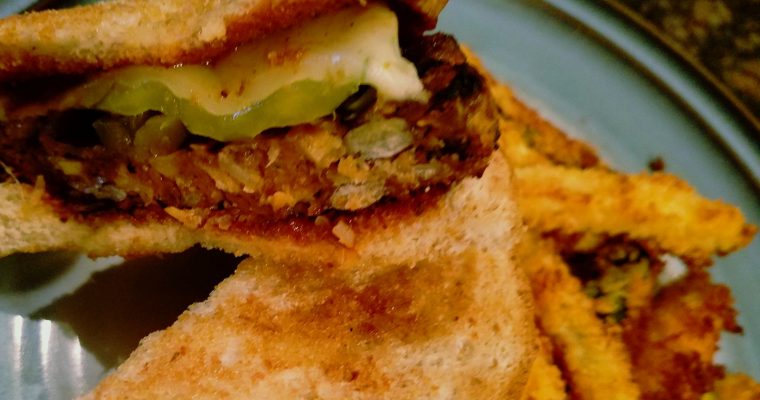 Spicy Black Bean Burger with Jalapenos and BBQ Sauce on Texas Toast