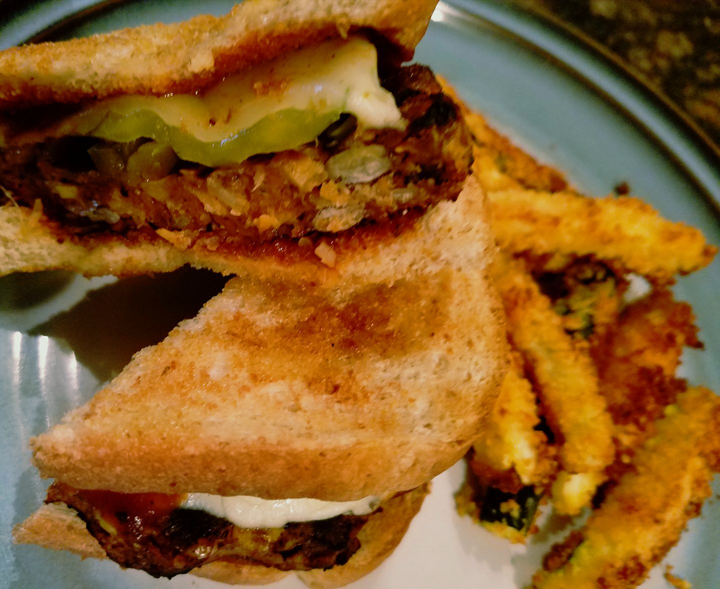 Spicy Black Bean Burger with Jalapenos and BBQ Sauce on Texas Toast